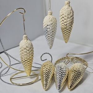 Bundle of 6 Snow-Covered Silver & Gold Pinecone Pine Cone Christmas Ornaments